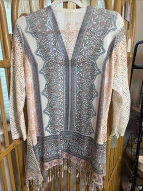 Reba Cream Open-Front Crochet Cardigan with Pastel Accents